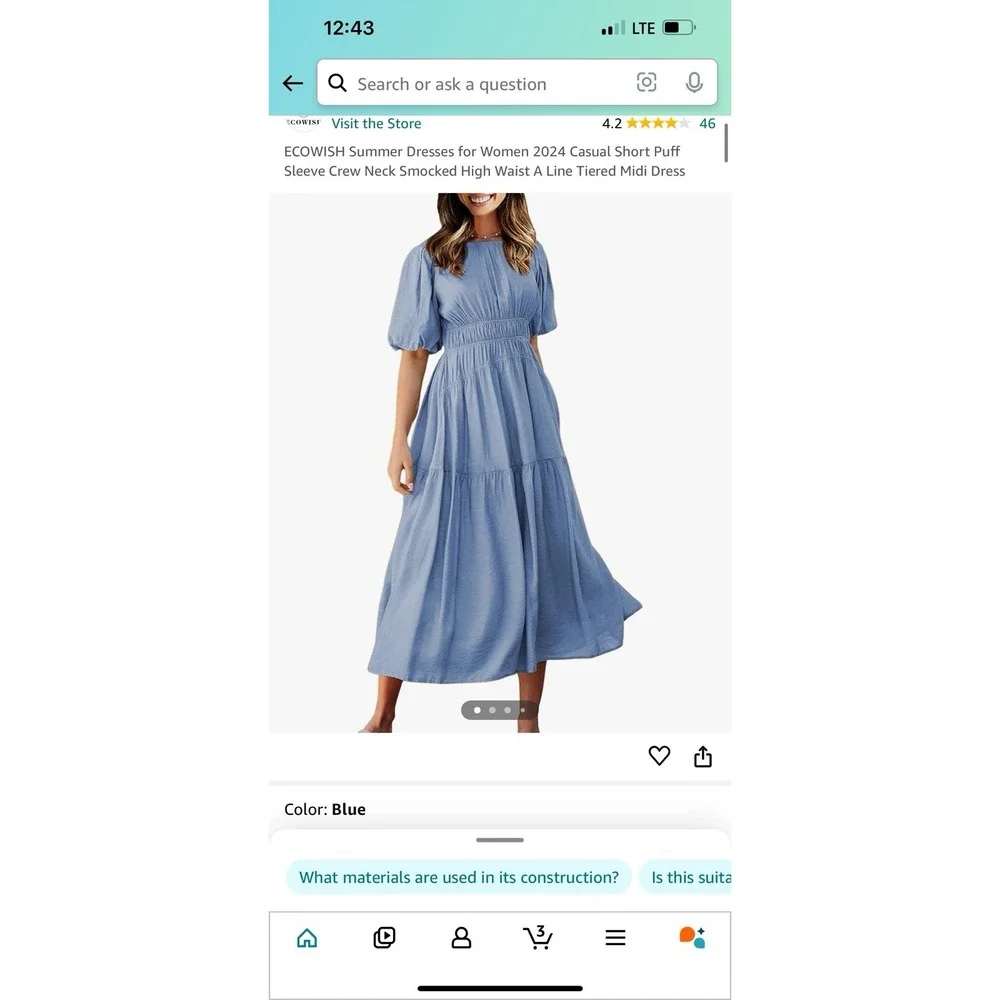 Ecowish Women's XL Blue Short Sleeve Crew Neck Midi Dress Summer Light Weight - Picture 7 of 7
